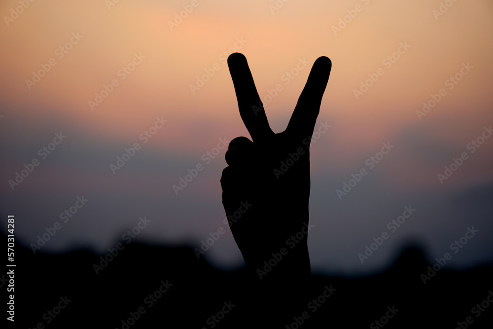 silhouette of human hands making a fight sign sunset background