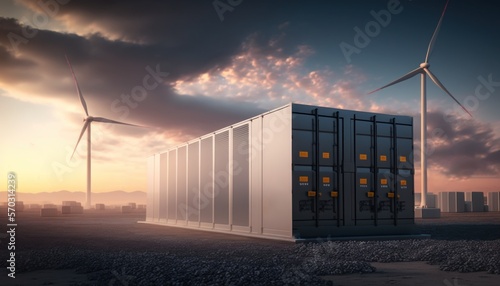 Sunset with modern battery energy storage system and background of wind turbines and solar panel power plants.