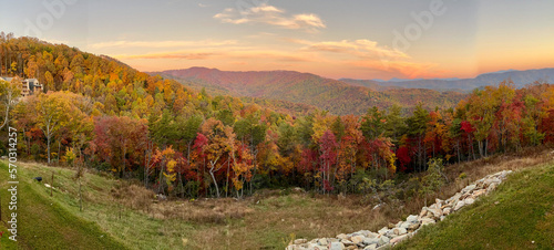 A view of the Blue Ridge Parkway in Boone, NC during the autumn fall color changing season sunset. © Joni