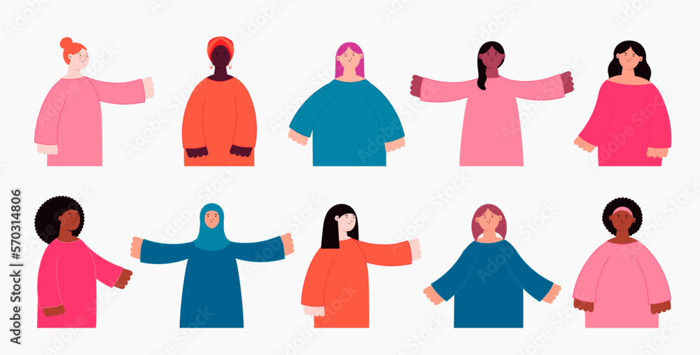 Beautiful diverse women, girls, isolated on white. Flat style vector illustration. Female cartoon characters set. Design element for 8 March, Womens Day card, banner. Feminism, gender equality concept Beautiful diverse women, girls, isolated on white. Flat style vector illustration. Female cartoon characters set. Design element for 8 March, Womens Day card, banner. Feminism, gender equality concept