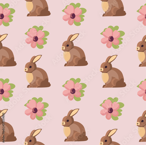 Cute seamless Easter pattern with easter bunny and flowers.