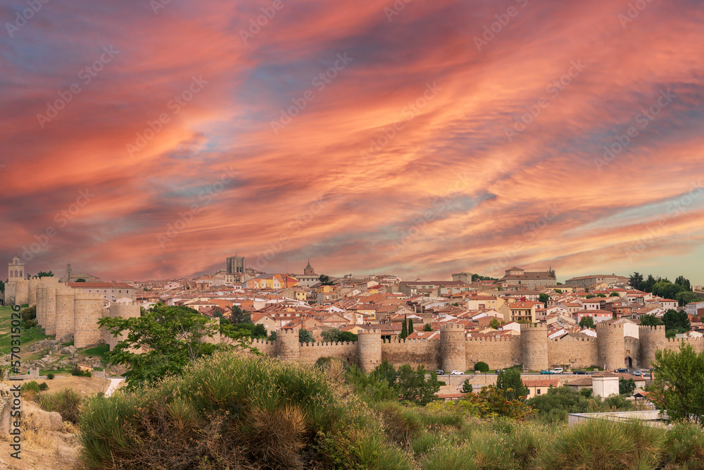 panoramic view of the city of Avila at sunset, Spain