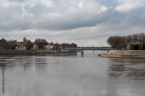 Arles, Provence, France, View over the old village historical buildings as seen from the banks of the River Rhone