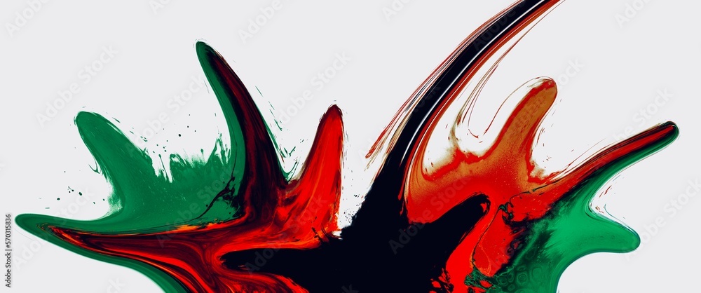 Color paint splash background with bright red, green and black color