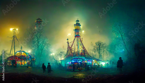 A fairground is captured in the mist of the night, revealing mysterious silhouettes and enigmatic lights. Ideal to pique the curiosity of the spectators. Generative AI photo