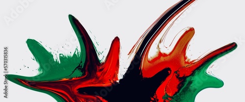 Color paint splash background with bright red, green and black color accent, luxury abstract art, hand drawn drawn wallpaper, liquid design with shiny colours, white free copy space 