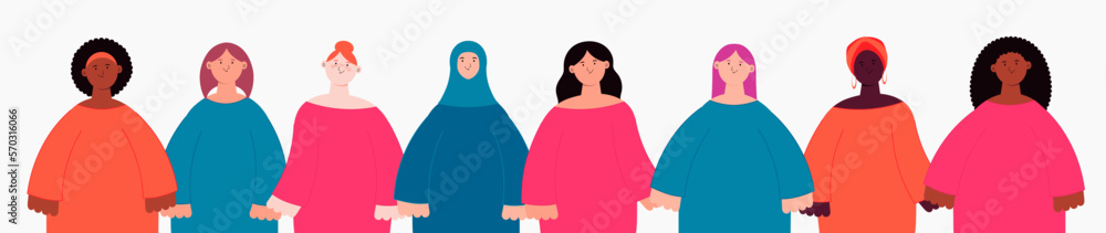 Diverse beautiful modern women, girls group, holding hands. Flat style vector illustration. Female cartoon characters. Design element for 8 March, Womens Day card, banner. Feminism, equality concept