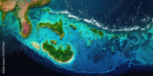 Sea in global satellite image, blue ocean seen from above. Tropical coastal waters serve as the Earth's detailed surface from space and as a natural background texture. This image's components were pr photo