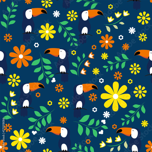 Seamless summer pattern with jungle bird, flower, leaves. Tropical toucan texture.