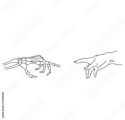 Vector isolated one human hand reaches to dead man skeleton hand colorless black and white contour line easy drawing
