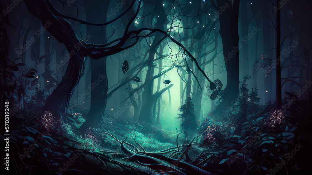 Illustration of a mystical blue forest, wallpaper, Generative AI
