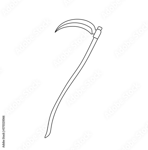 Vector isolated one single retro vintage scythe with wooden handle and metal blade colorless black and white contour line easy drawing