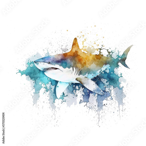 a colorful shark watercolor illustration on transparent background