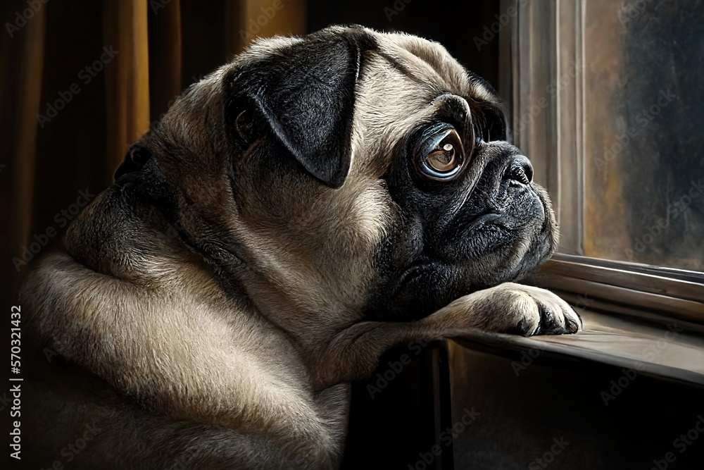 Pug Looking Out Window Looking For Owner To Get Home
