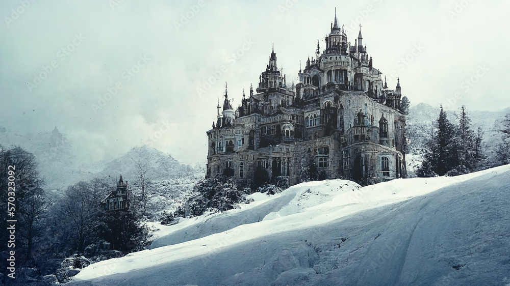 Digital art fantasy : sinister palace abandoned in a snow cold winter landscape made with generative AI