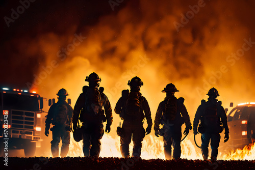 Silhouettes of a fire brigade against a background of a bright fire Concept of a team of heroic work of rescuers. Generative AI