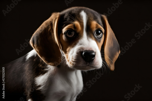 Adorable beagle puppy with sparkeling eyes front view on uniform black background. Generative AI