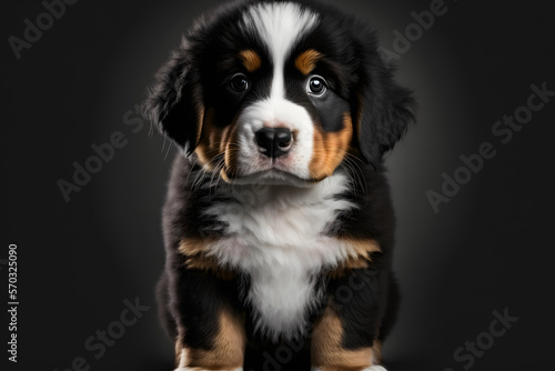 Front adorable bernest mountain puppy with sparkeling eyes on uniform black background. Generative AI