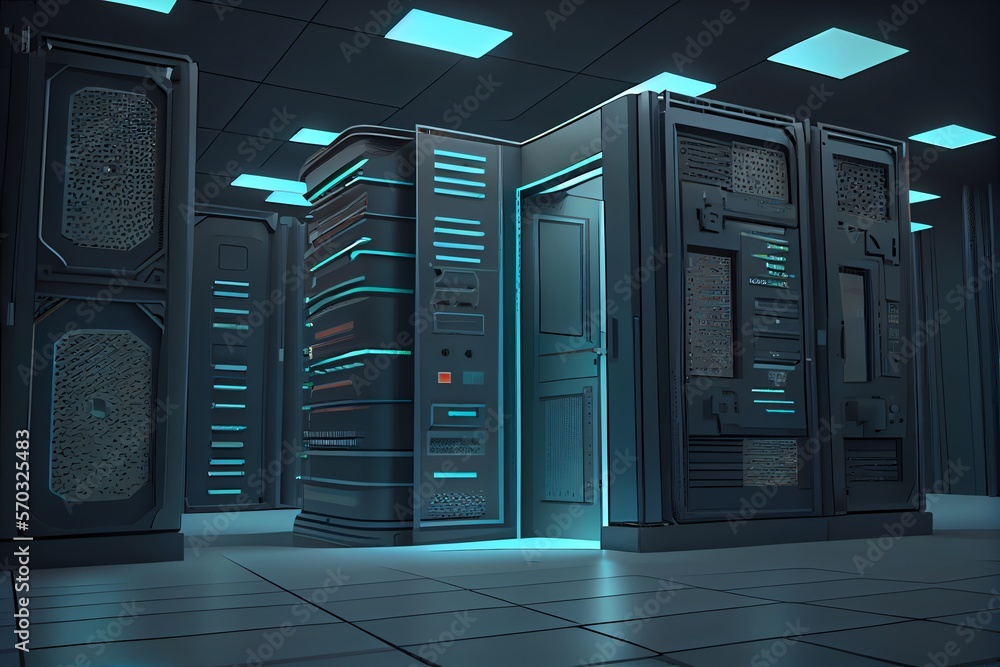 server room 3d illustration with node base programming data design element. Generative AI server room 3d illustration with node base programming data design element. Generative AI
