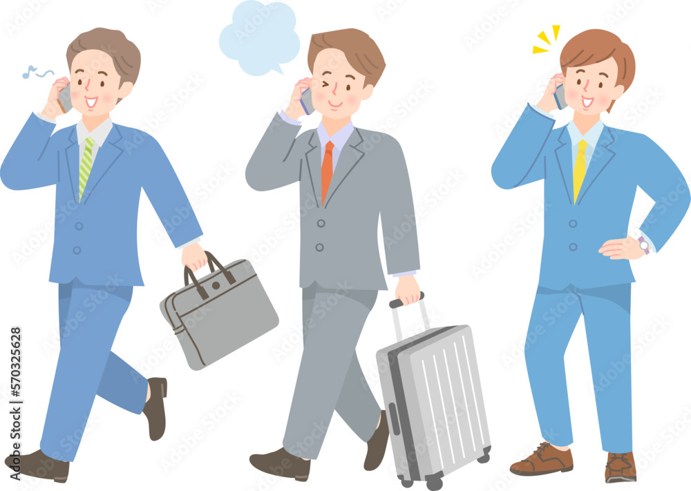 スマホを持って出張するスーツ姿の男性イラストセット スマホを持って出張するスーツ姿の男性イラストセット