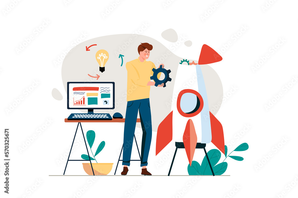 Startup concept with people scene in the flat cartoon design. Man starts his project and wait for success.