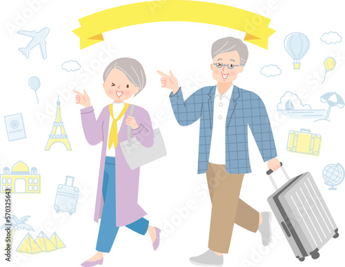 仲良く旅行する中年夫婦のイラスト素材