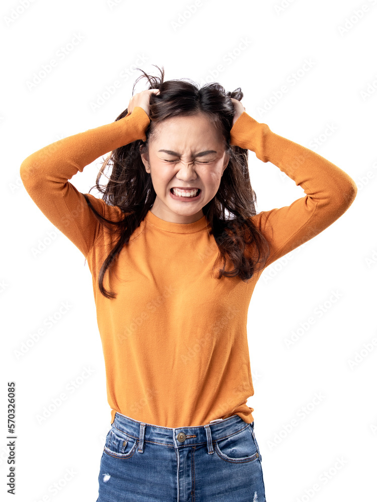 Fototapeta premium A portrait of a happy Asian Indonesian woman wearing an orange sweater and holding her head with both hands, isolated on a white background