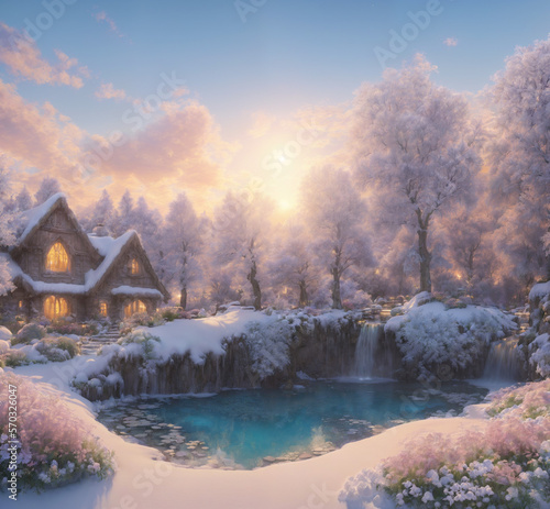 A winter lodge with a waterfall flowing into a pond, fantasy painting