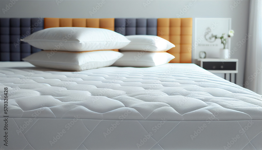 Gesunder Schlaf: Bett mit bequemer orthopädischer Matratze im Zimmer - Generative Ai - obrazy, fototapety, plakaty 