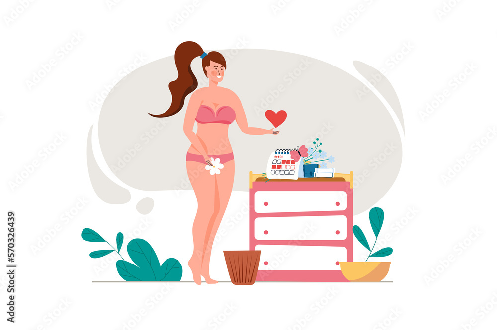 Menstrual period concept with people scene in the flat cartoon style. Girl is in harmony with herself, because she takes care of her health. Menstrual period concept with people scene in the flat cartoon style. Girl is in harmony with herself, because she takes care of her health.