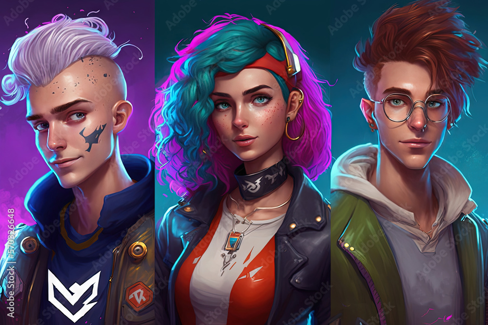 Obraz premium Set metaverse avatars. Girl and two boys. Generative AI.Generative AI.