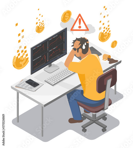 Loss Trader Digital Money bitcoin cryptocurrency ethereum or stock market illustration isometric isolated vector cartoon