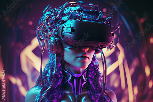Woman with VR headset in metaverse. Generative AI © artem