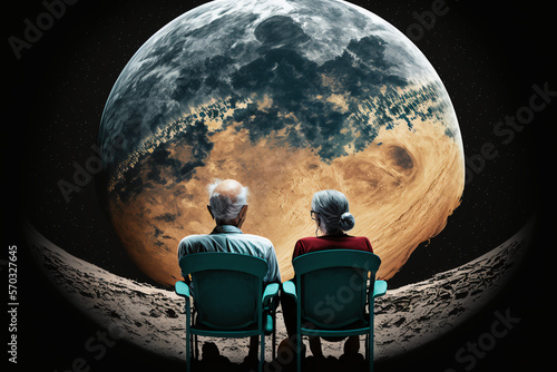 Old man and woman, seen from behind, sitting in chairs on the moon, watching the earth photo