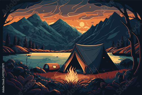 Camp site with camp tent and camp fire by lake, there is a huge mountain at background.