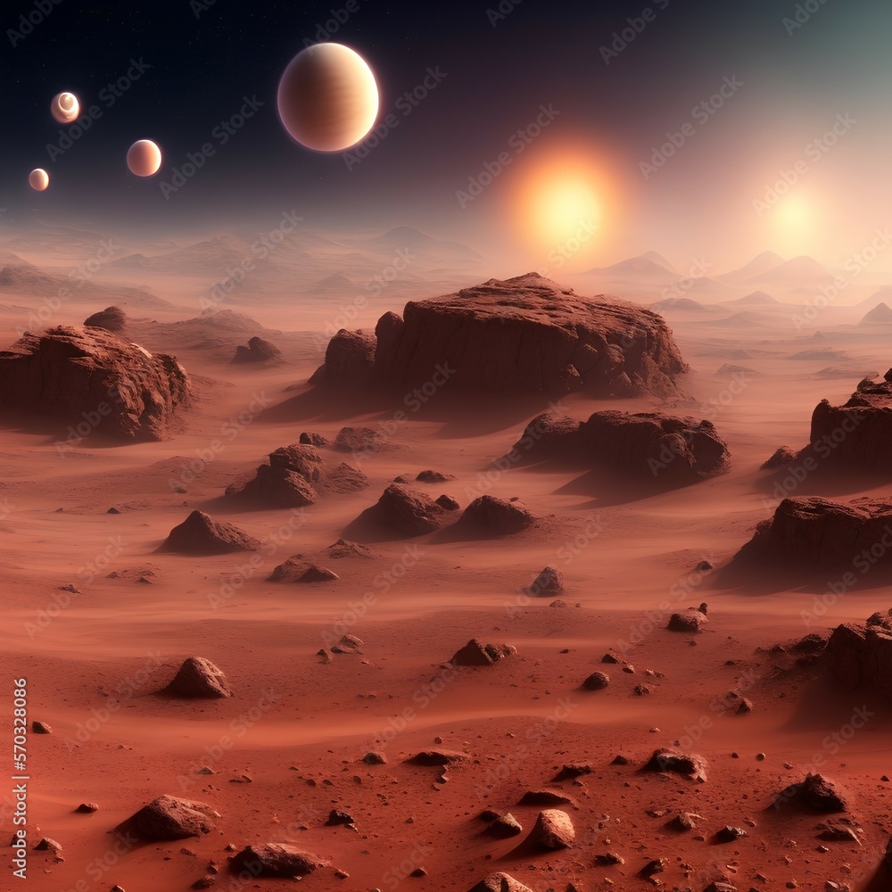 Mars surface landscape, alien planet background, Saturn on starry sky. Vector red desert with mountains, craters and shining stars. Martian extraterrestrial computer game backdrop,  - generative ai