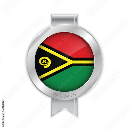Flag of Vanuatu Silver Medal Vector. Realistic 3d silver trophy award medals for winner. Honor prize. Realistic illustration.
