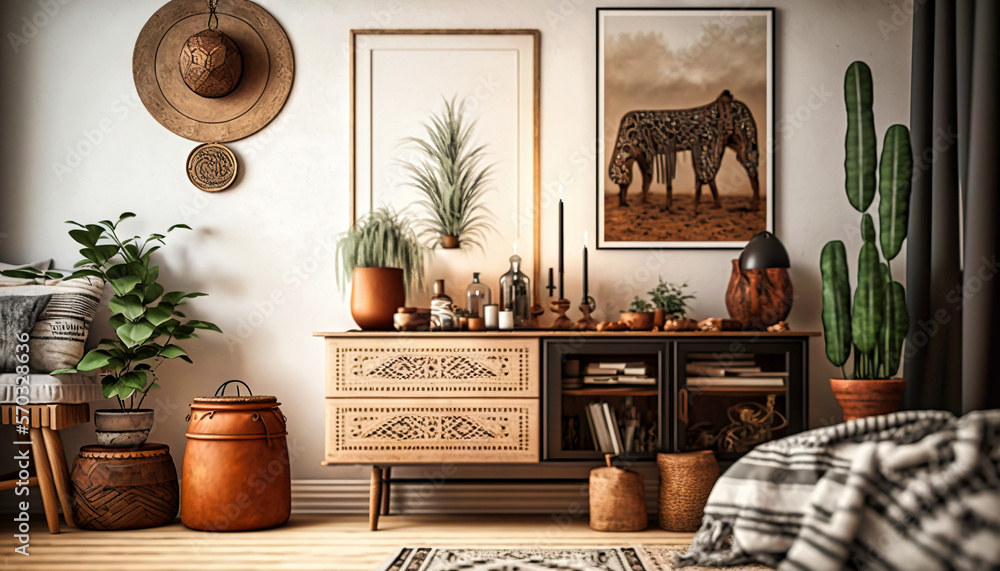 Boho style interior design idea. Generative AI Boho style interior design idea. Generative AI