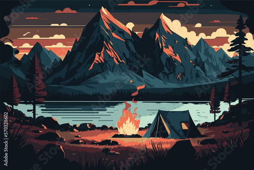 Camp site with camp tent and camp fire by lake, there is a huge mountain at background.