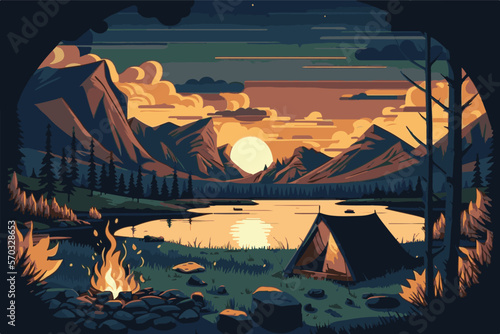 Camp site with camp tent and camp fire by lake, there is a huge mountain at background.