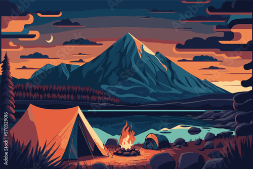 Camp site with camp tent and camp fire by lake, there is a huge mountain at background.