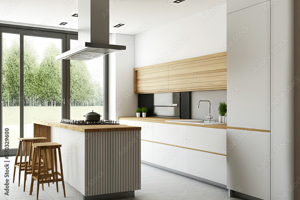 Interior of a contemporary kitchen with built in cooktop, oak counters