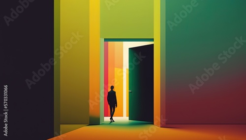 a man walking out of a huge block box, idea for concept of go out of safe zone or Thinking outside the box, a metaphor that means to think differently, unconventionally, or from a new perspective photo