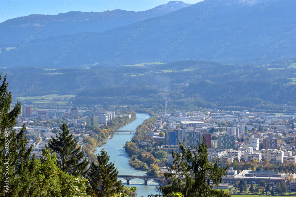Innsbruck aerial panoramic view. Innsbruck is the capital city of Tyrol in western Austria.