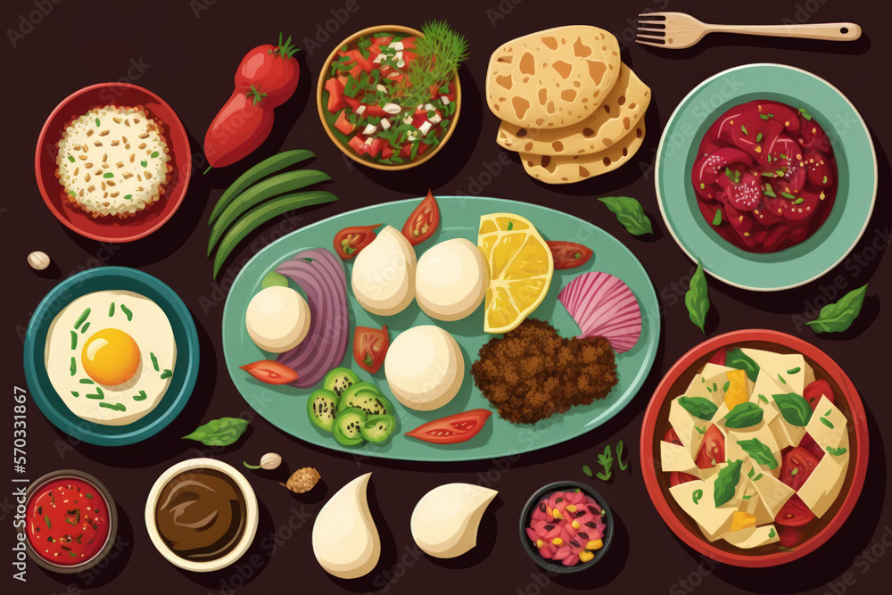 Overhead image of traditional jewish and middle eastern food falafel, fattoush, tabouli, shakshuka, balila, hummus, roasted eggplants and spicy beetroot dip. Israeli cuisine concept. Generative AI Overhead image of traditional jewish and middle eastern food falafel, fattoush, tabouli, shakshuka, balila, hummus, roasted eggplants and spicy beetroot dip. Israeli cuisine concept. Generative AI