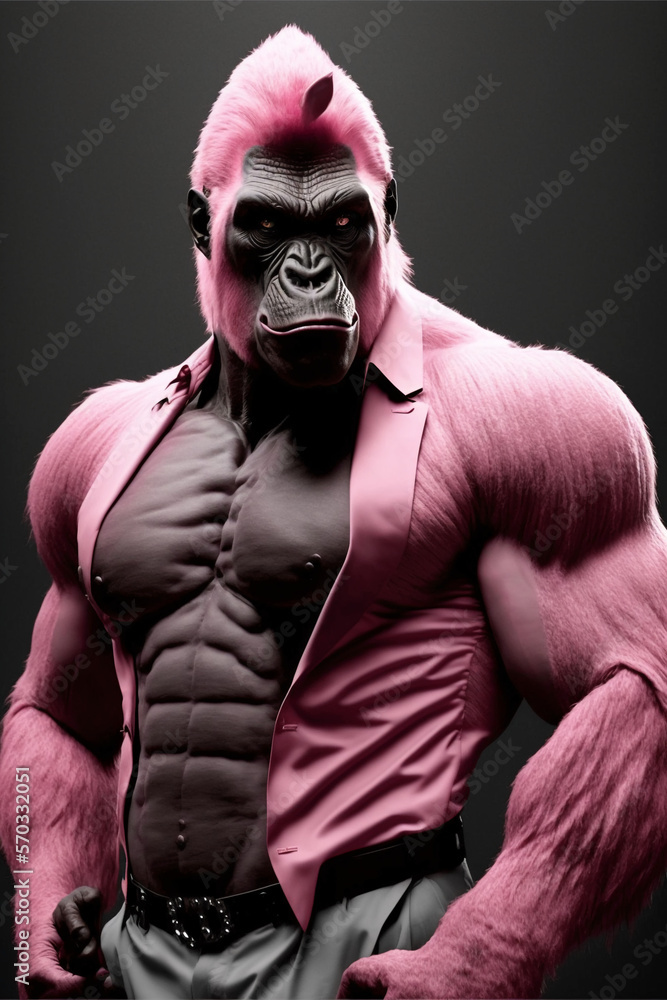 Pink gorilla in a pink shirt. AI generation