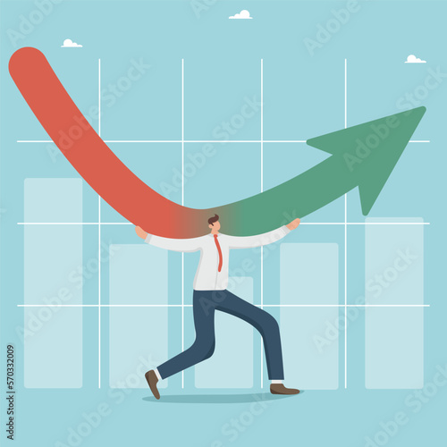 Economic and investment improvement or exit from the crisis, growth and success. Economic recovery. Business improvement or development plan to increase profits. Businessman pointing an arrow up.