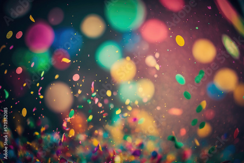 Colorful confetti in front of colorful background with bokeh for carnival - created with AI