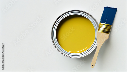 
gelber Farbtopf mit Pinsel isoliert auf weißen Hintergrund mit Platzhalter. Wandfarbe zum Renovieren - Generative Ai