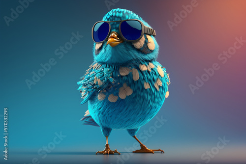 A cute blue bird with sunglasses on its head standing in front of a blue background, Generative AI © Kafi